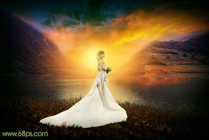 Photoshop给湖边的婚纱美女加上唯美的霞光-易看设计 - 专业设计师平台